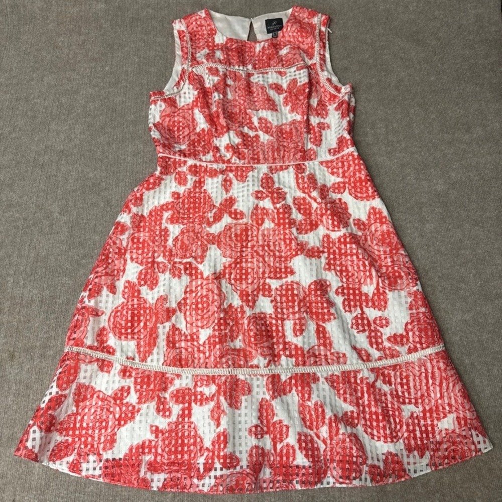 Adrianna Papell White & Orange-Red Floral Dress Sleeveless Fit & Flare Party